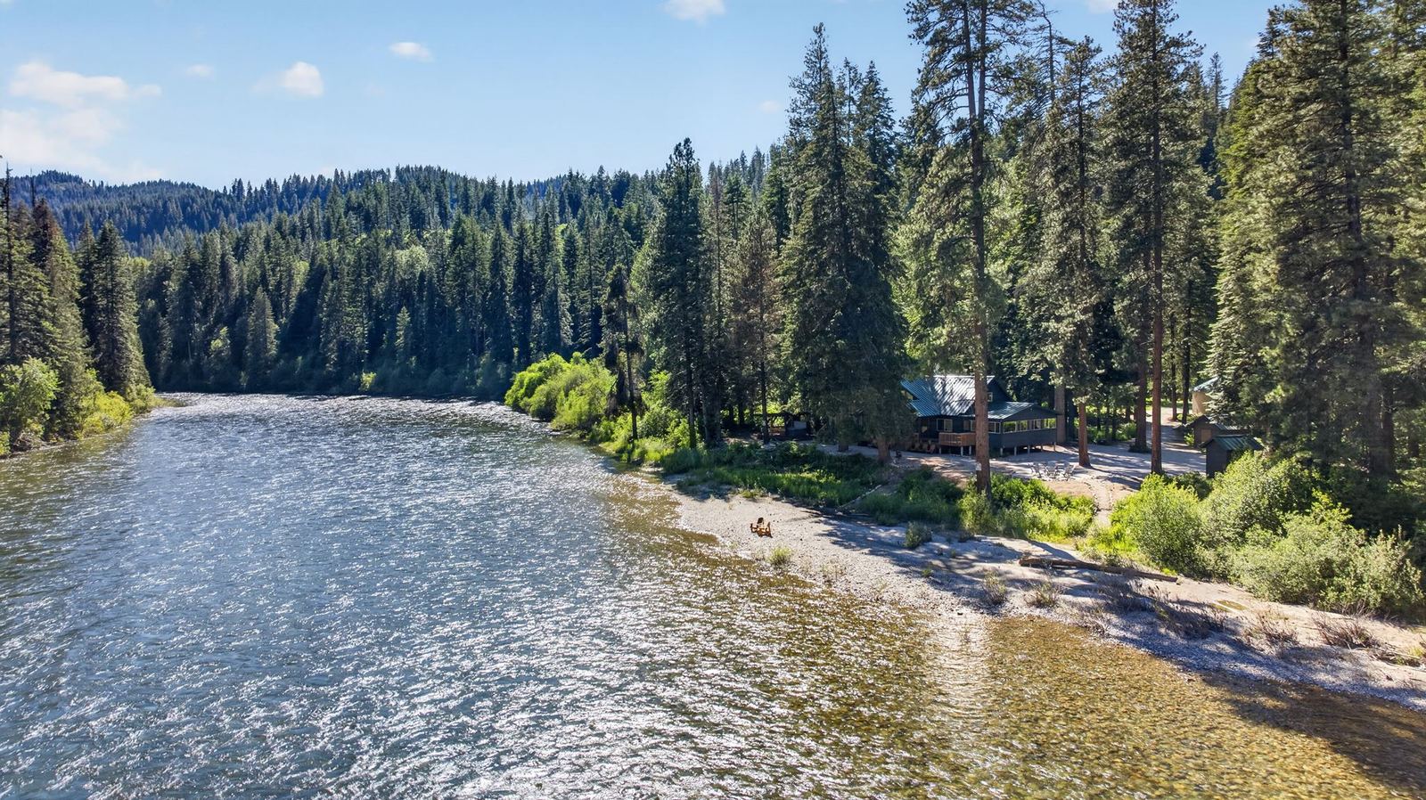 Aerial view of the lodge, beach and Wenatchee River
