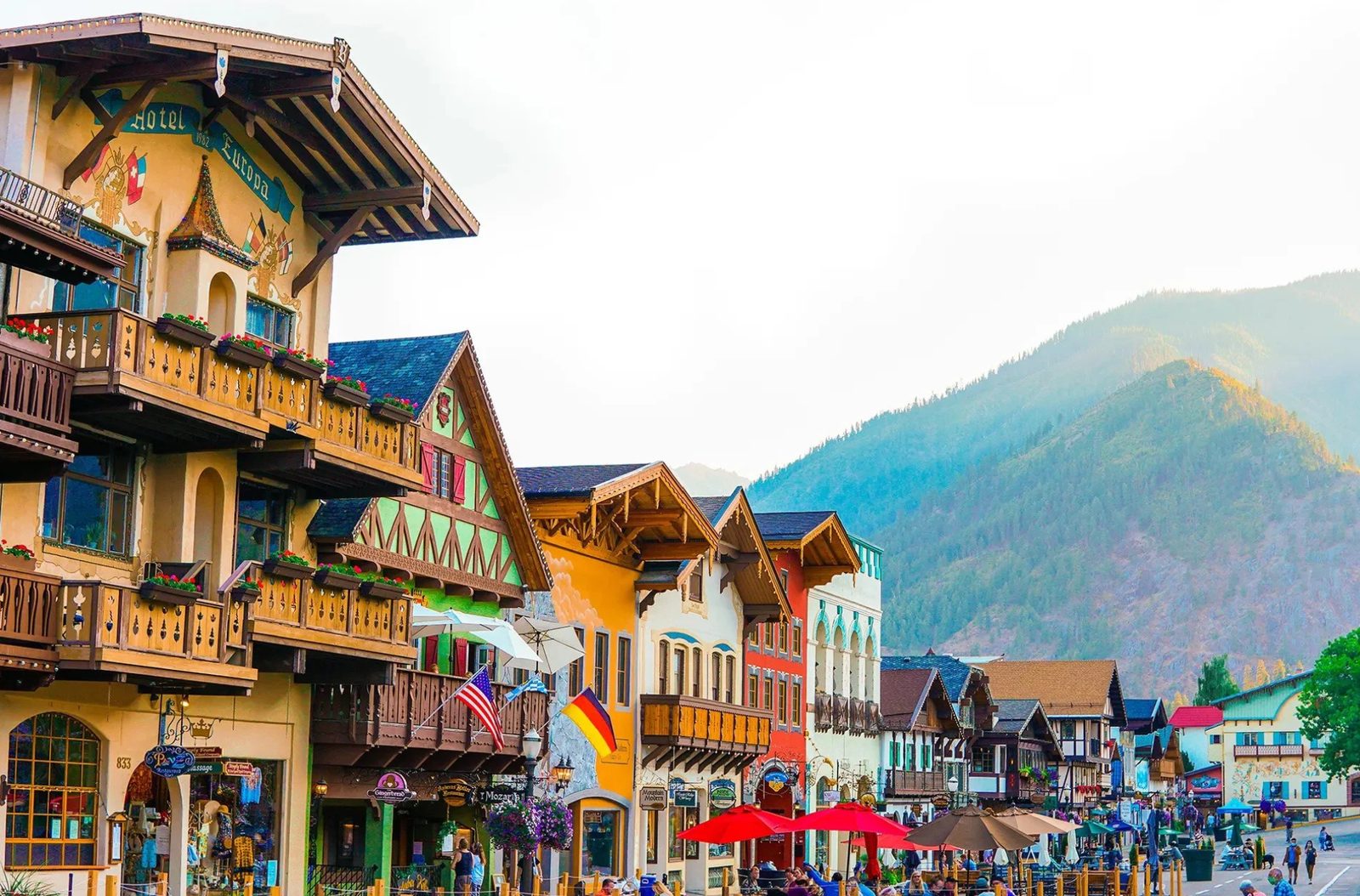 Leavenworth's Bavarian-style Front Street with mountains behind